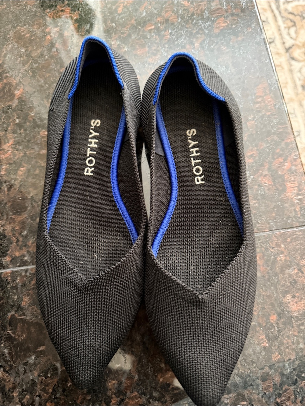 Rothy's Black Pointed Knit Flats with Blue Trim